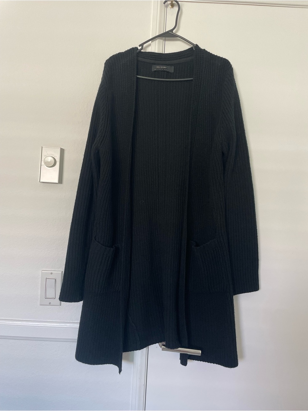 Men's Black Open-Front Ribbed Cardigan Sweater